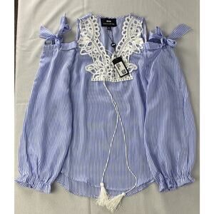 NWT Coco Colette Womens Blue &White Stripe Tied Shoulder Blouse Size M Lace Trim